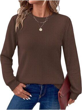 Women's Brown Long Sleeve Crew Neck Imported Casual Tops Cozy Sweater